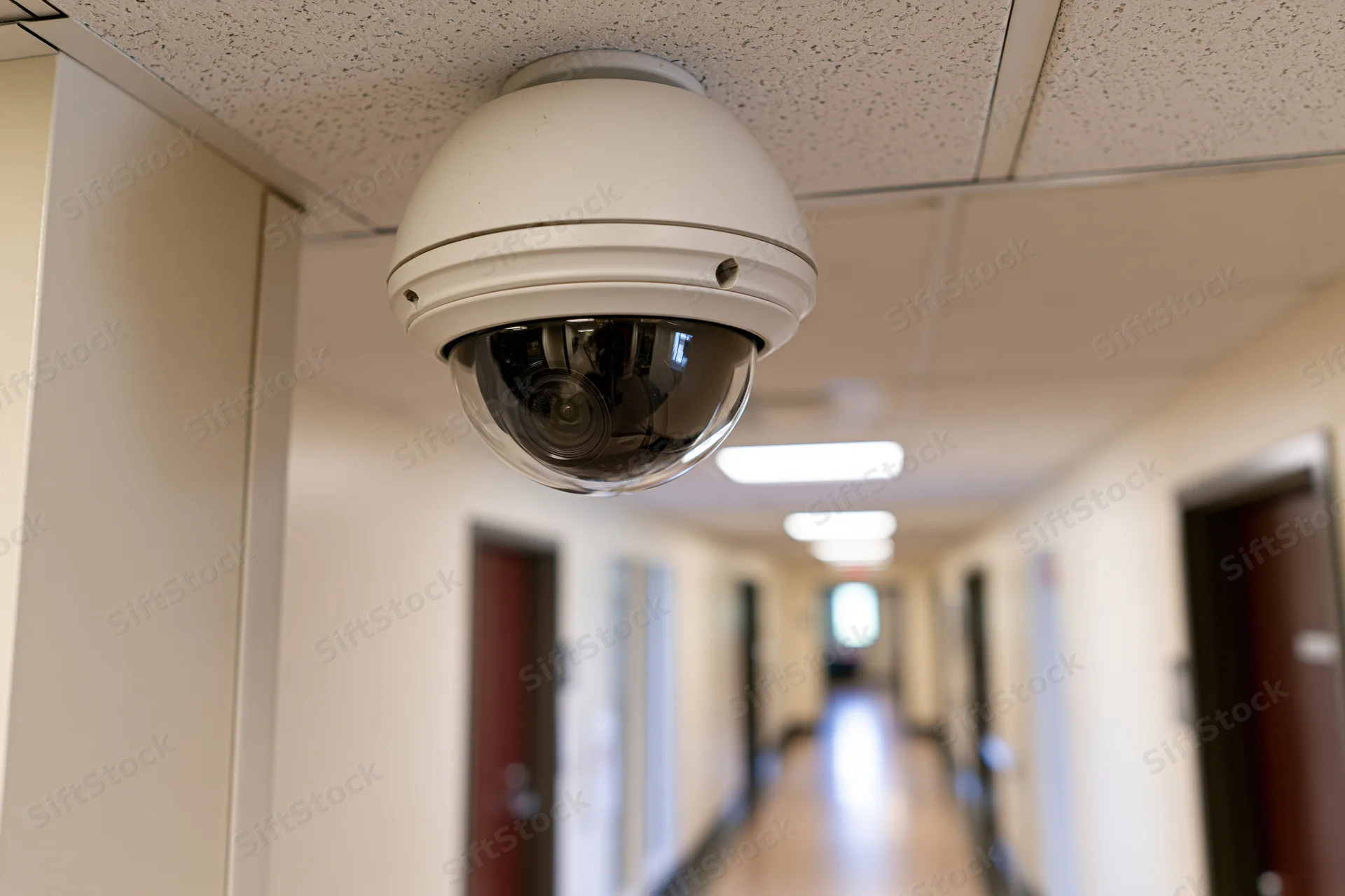 Dome security camera mounted on ceiling in long hallway with doors on either side