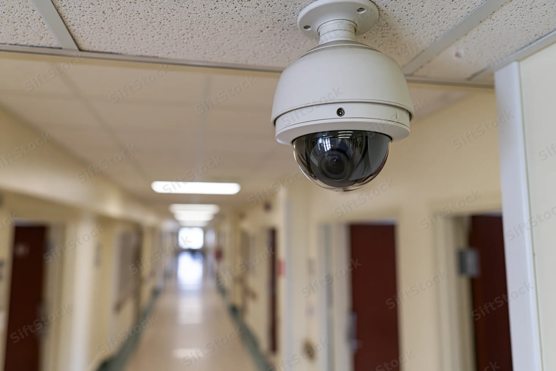 Dome security camera mounted on drop ceiling in long hospital hallway