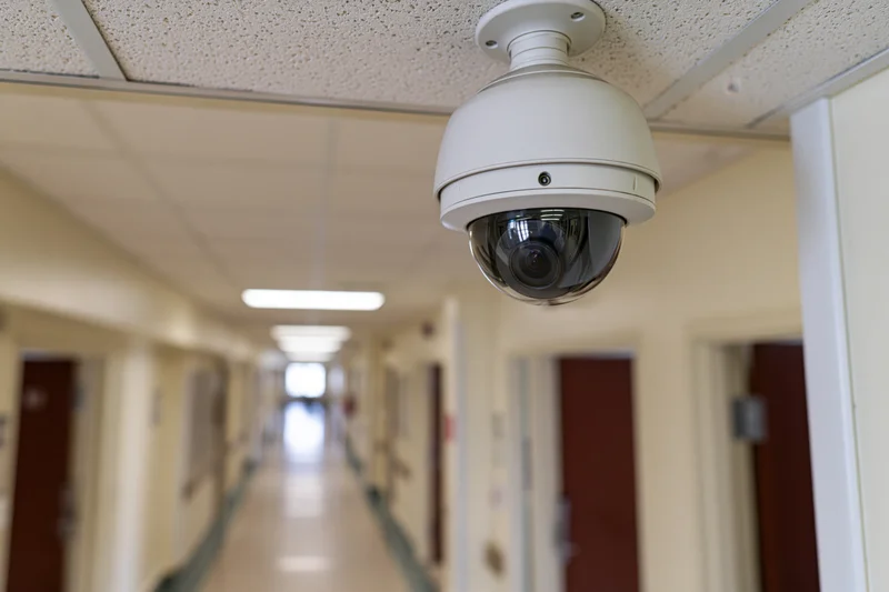 Dome security camera mounted on drop ceiling in long hospital hallway