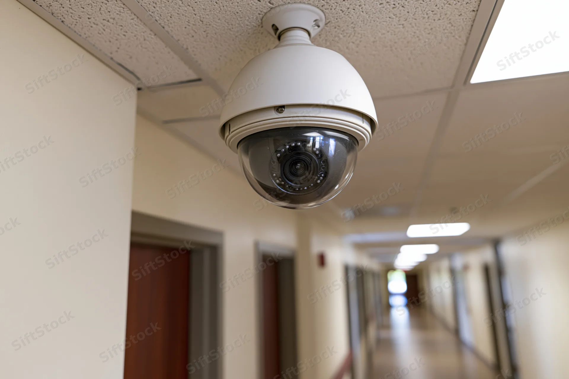 Dome security camera mounted on drop ceiling in long hallway
