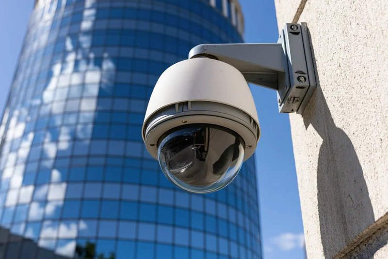 Dome security camera mounted on metal bracket attached to concrete wall with glass skyscraper in background