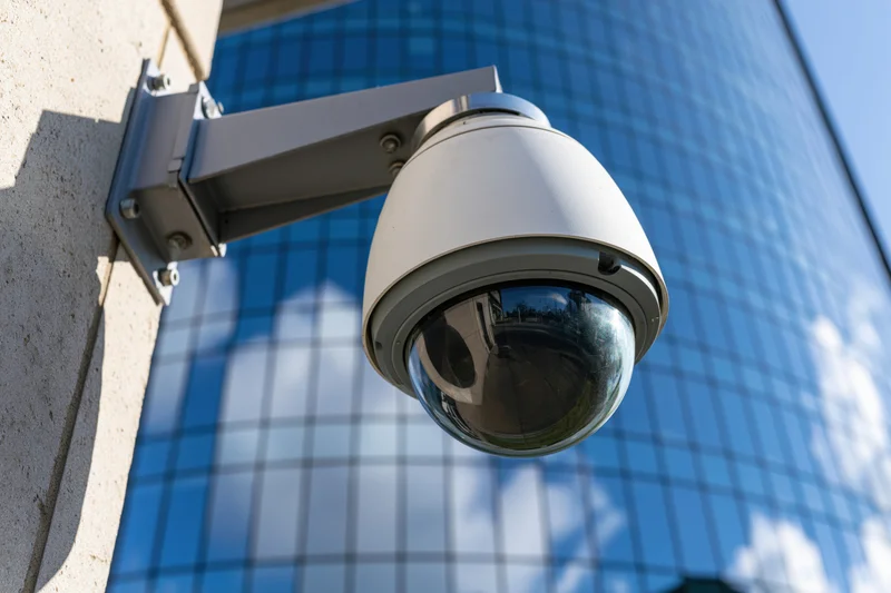 Dome security camera mounted on metal bracket attached to building exterior with glass facade reflecting sky and clouds