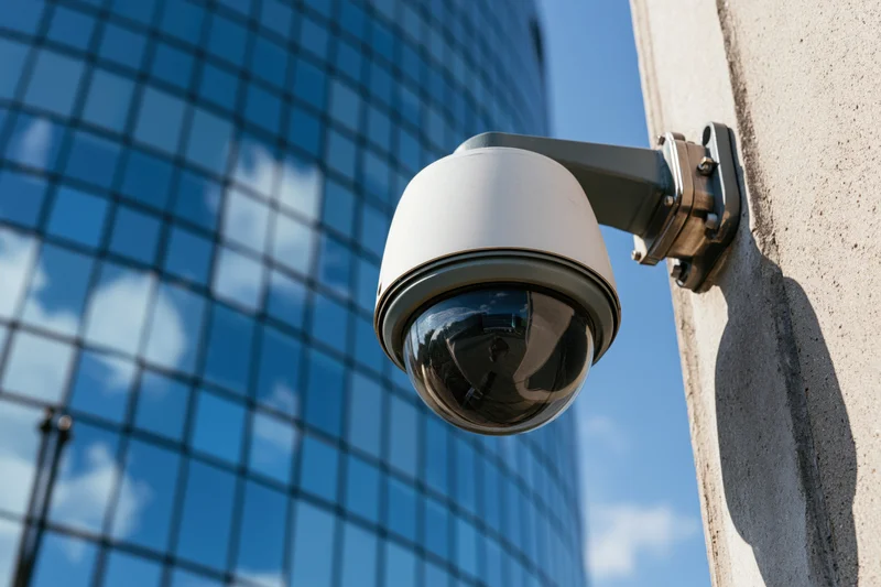 Dome security camera mounted on metal bracket attached to building wall with glass skyscraper in background