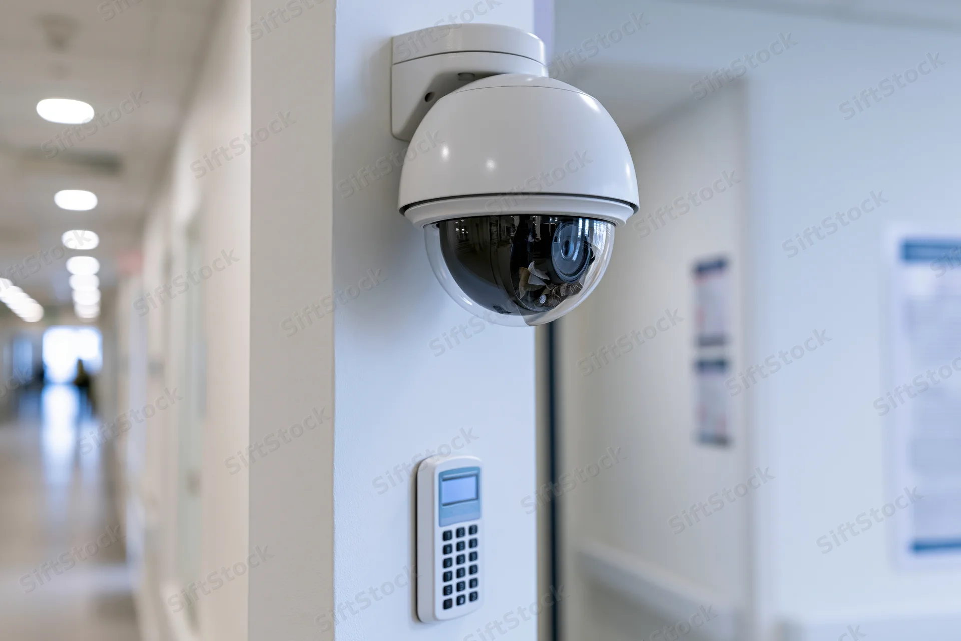 Dome security camera mounted on a white wall in a hospital hallway near a door with a keypad