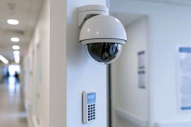 Dome security camera mounted on a white wall in a hospital hallway near a door with a keypad