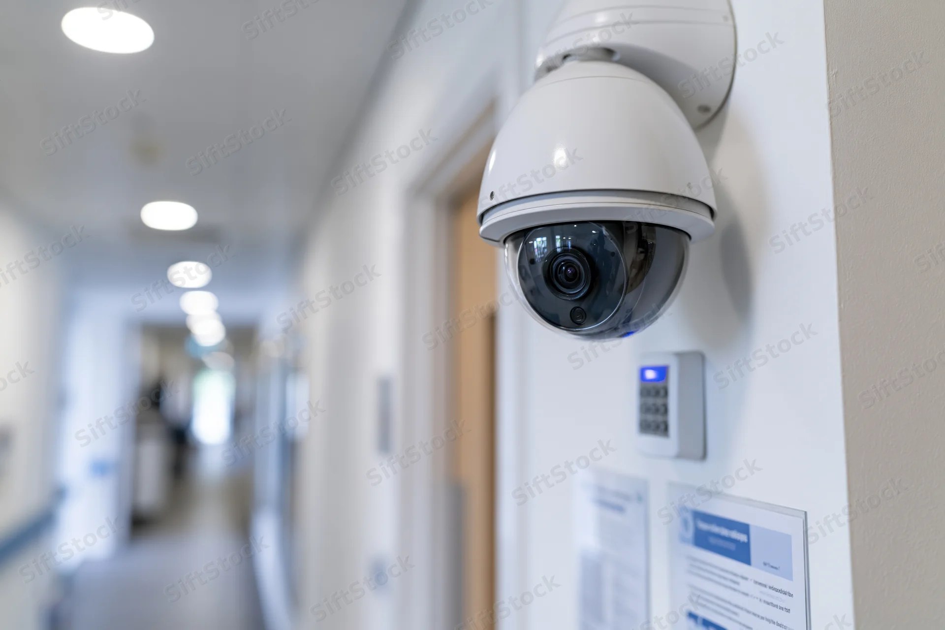 Dome security camera mounted on a white wall in a hospital hallway