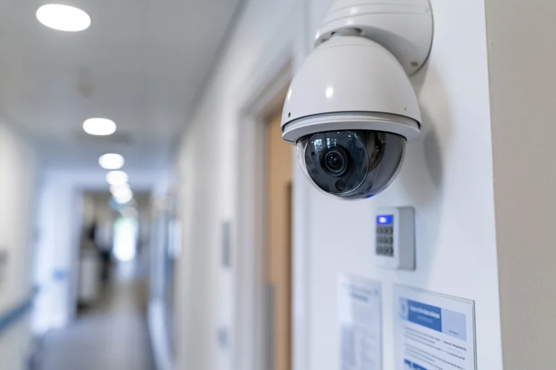Dome security camera mounted on a white wall in a hospital hallway