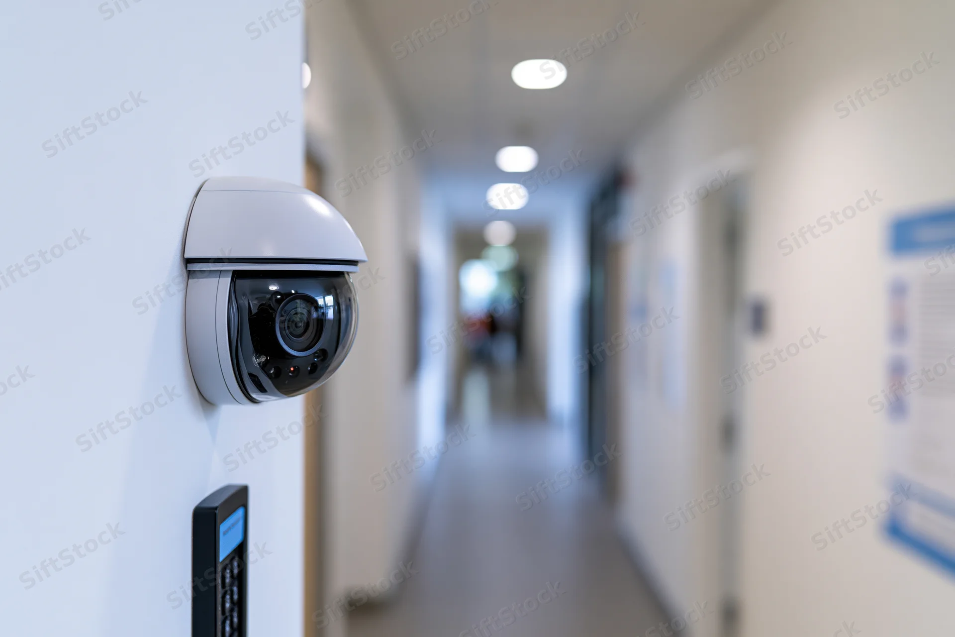Dome security camera mounted on a white wall in a hospital corridor