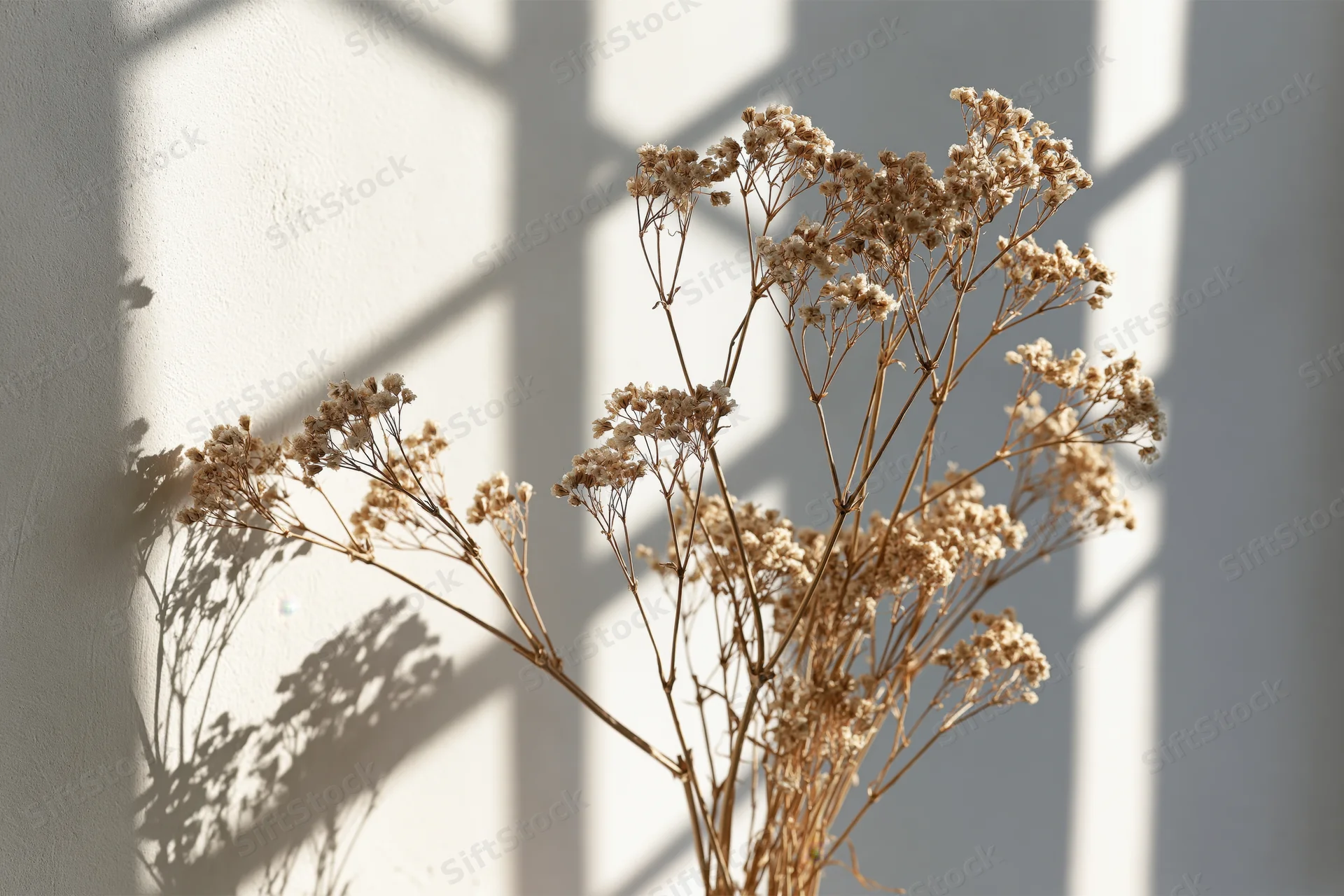 Dried gypsophila stems arranged loosely against a pale off-white wall with sunlight casting shadows
