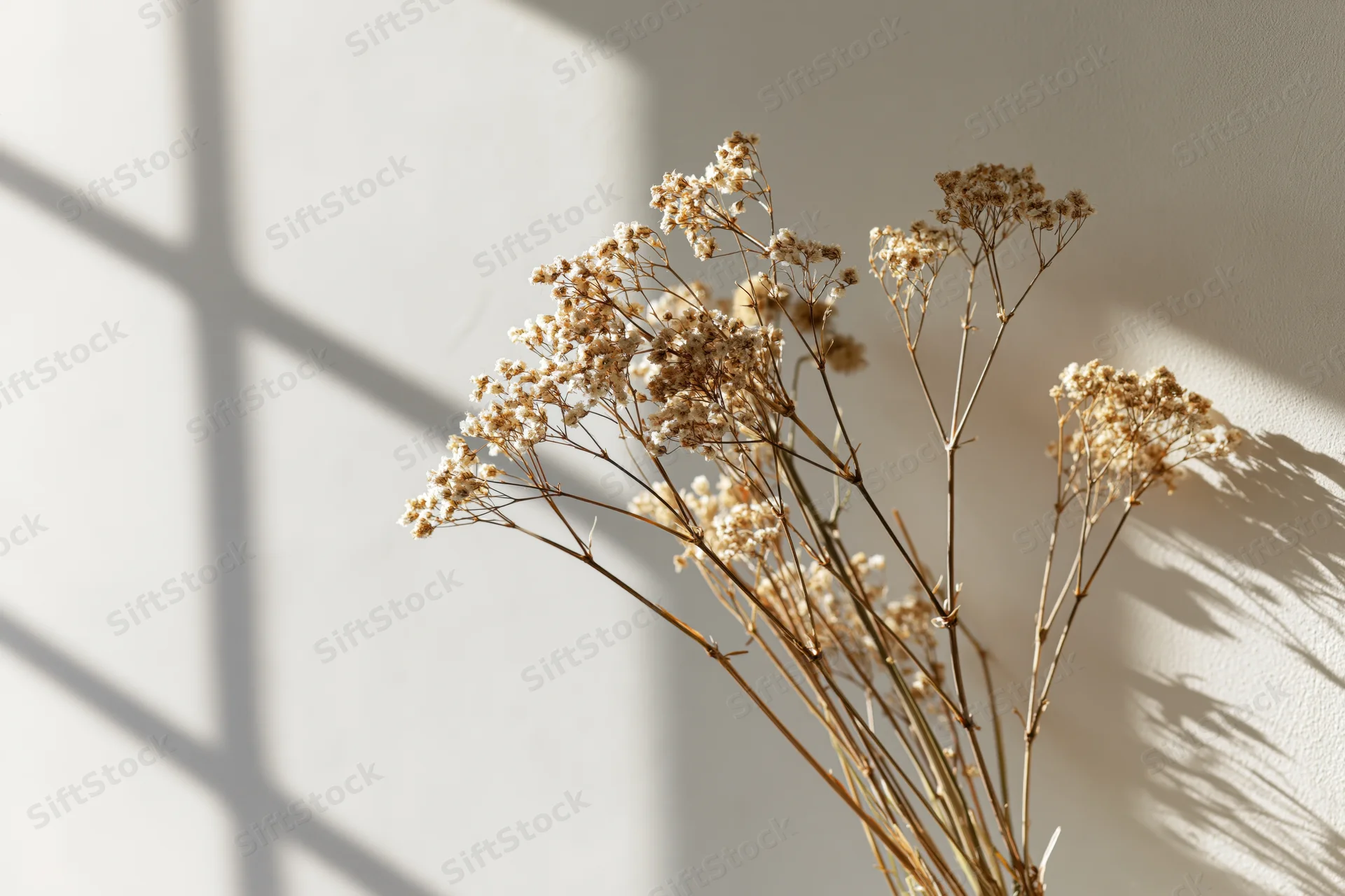 Dried gypsophila stems arranged loosely against a pale off-white wall with window shadows