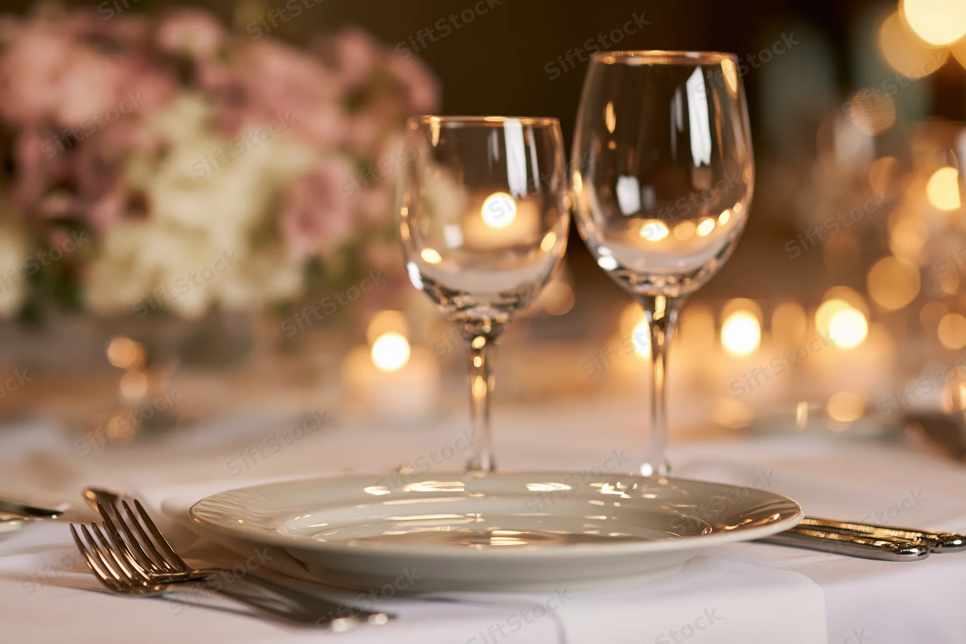 Elegant dinner table setting with empty crystal wine glasses and white plate, silverware arranged, floral centerpiece and candlelight glow in background