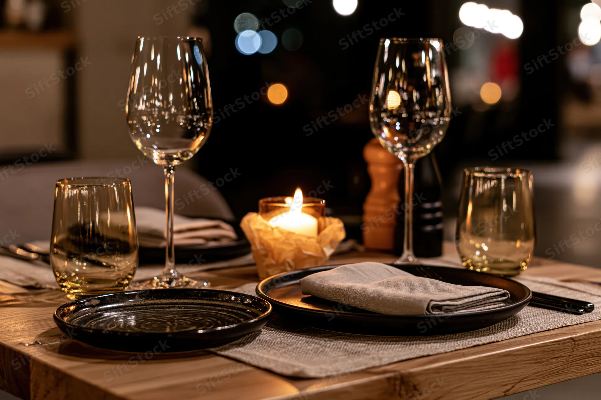 Dinner table set for two with candlelight and wine glasses on wooden surface