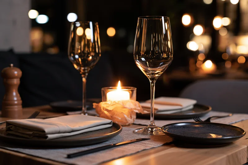 Elegant restaurant table set for two with wine glasses, plates, and candlelight on wooden surface