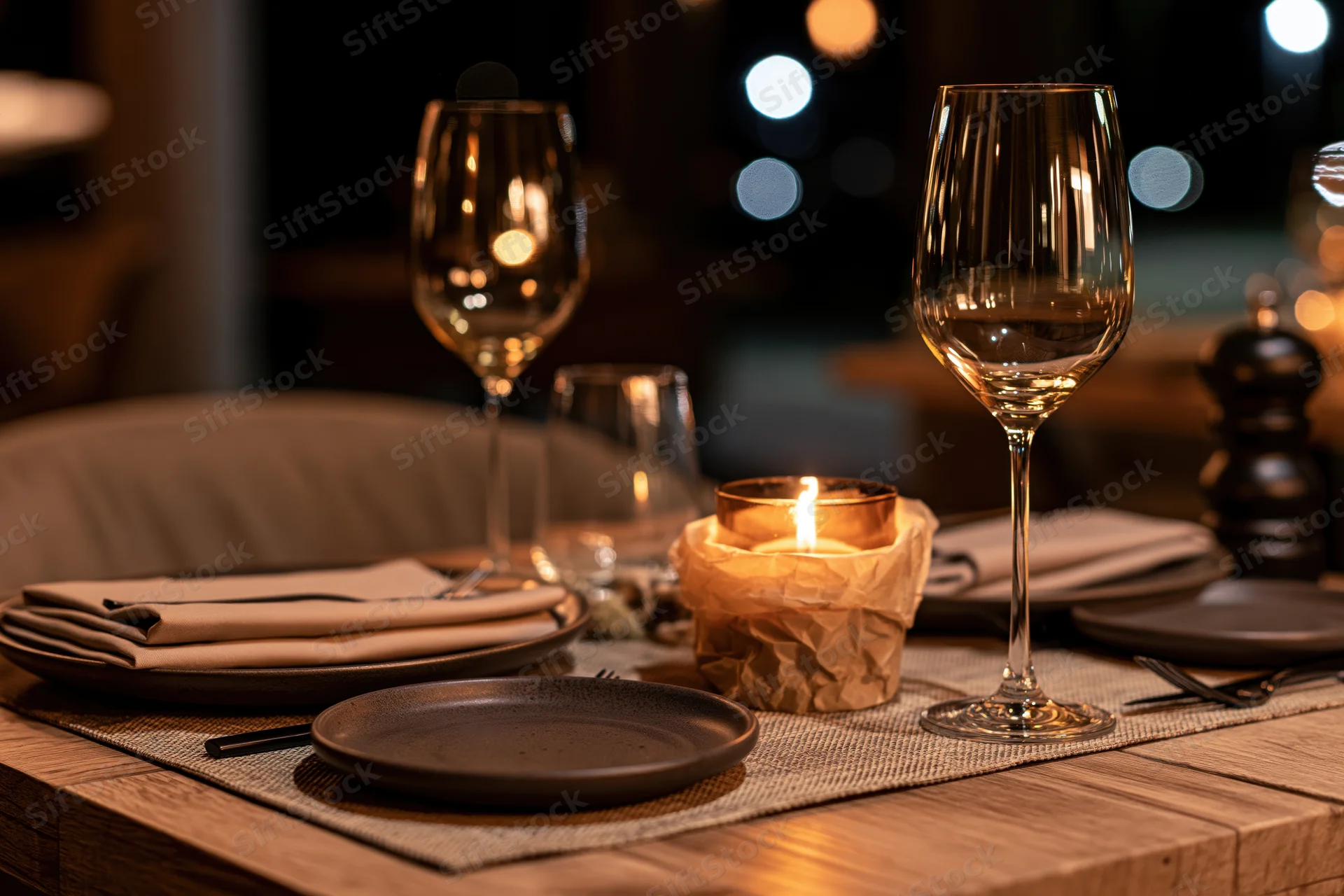 Elegant restaurant table set for two with candlelight and wine glasses on wooden surface