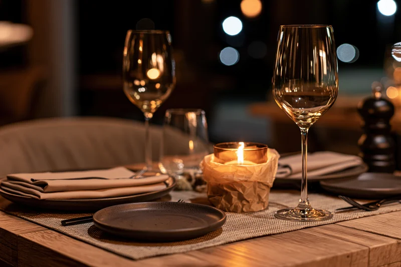 Elegant restaurant table set for two with candlelight and wine glasses on wooden surface
