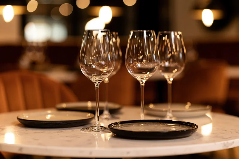 Four empty wine glasses on a marble table with plates in an elegant restaurant dining room