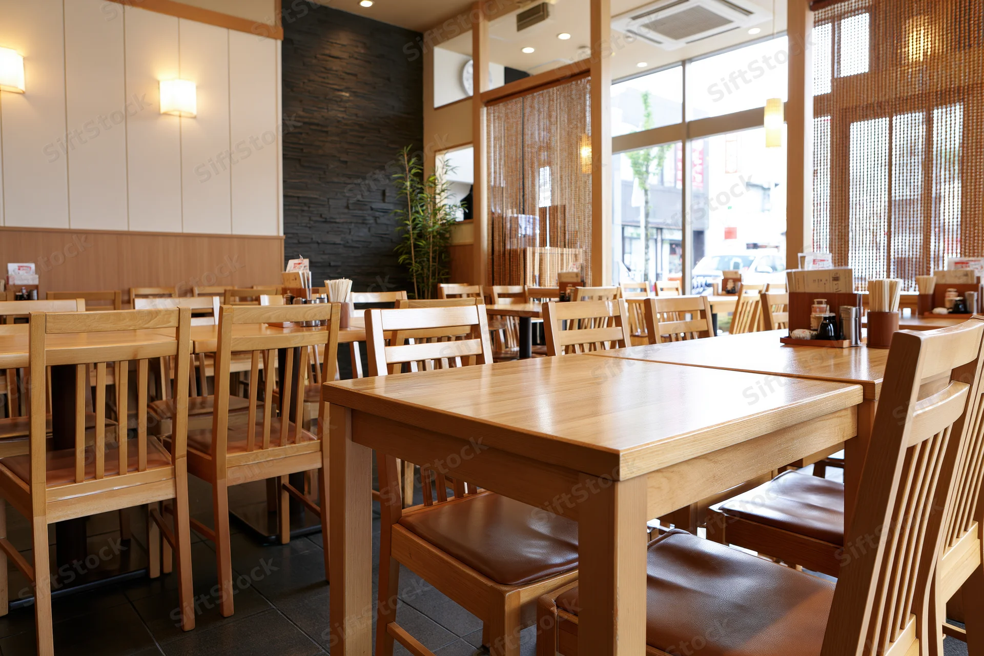 Empty wooden tables and chairs arranged in a casual japanese restaurant dining room