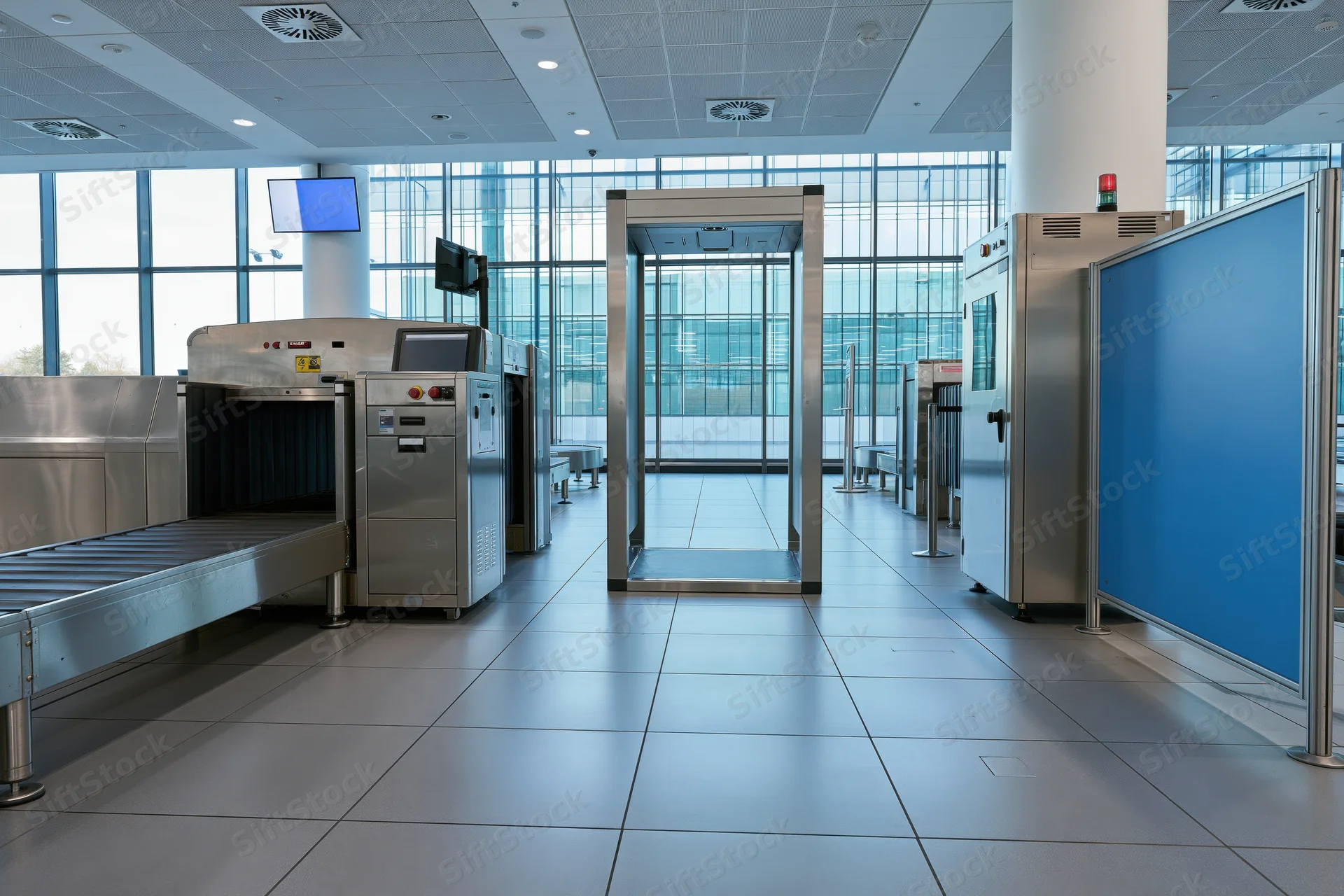 Empty airport security checkpoint with xray scanner and metal detector arches in modern terminal interior