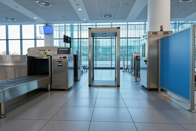Empty airport security checkpoint with xray scanner and metal detector arches in modern terminal interior