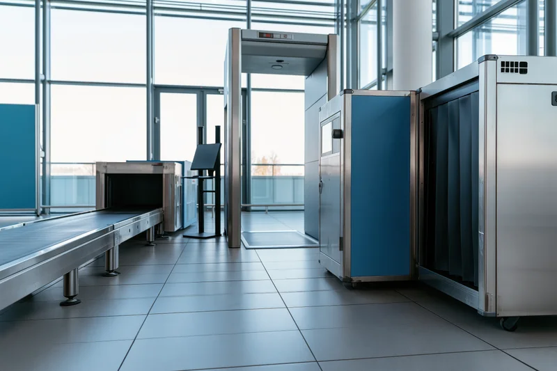 Empty airport security checkpoint with xray scanner and conveyor belt in terminal interior