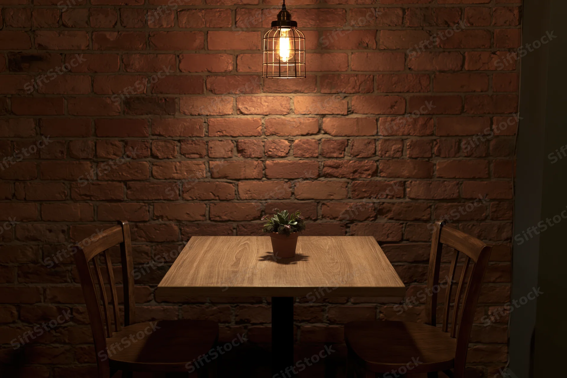 Square wooden table with two chairs and a potted plant under a pendant lamp in a brick-walled cafe corner