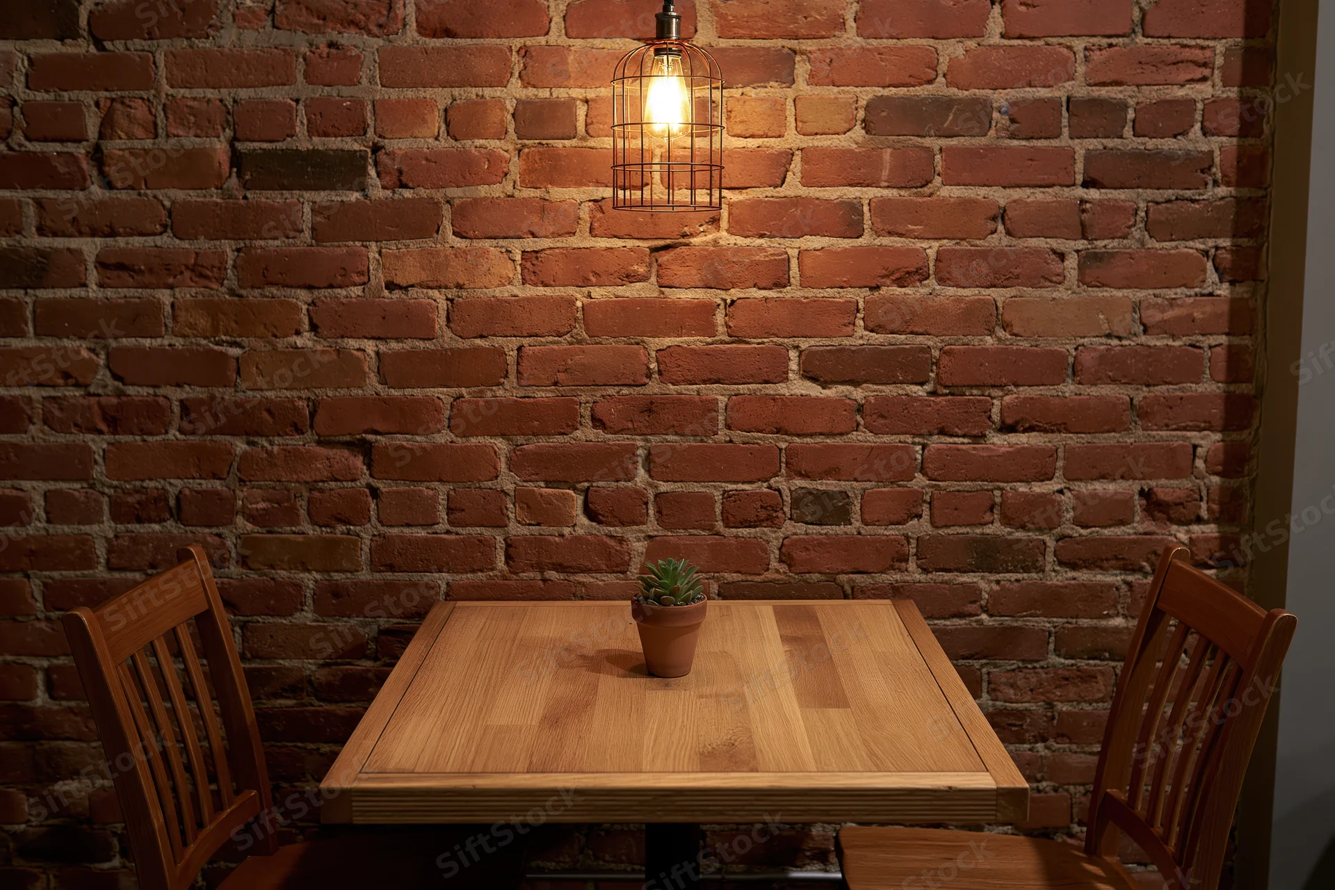 Square wooden table with small potted succulent between two chairs against exposed brick wall under warm pendant light
