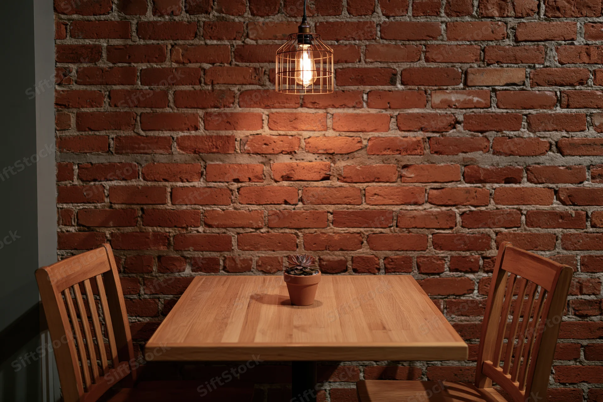 Square wooden table with small potted succulent between two chairs against exposed brick wall under warm pendant light