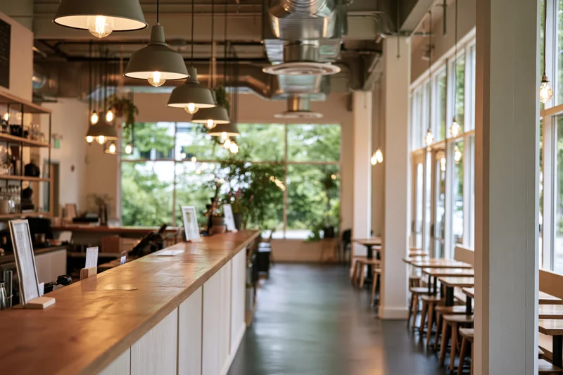 Wide view of empty cafe interior from counter level showing wooden bar, pendant lights, tables and windows