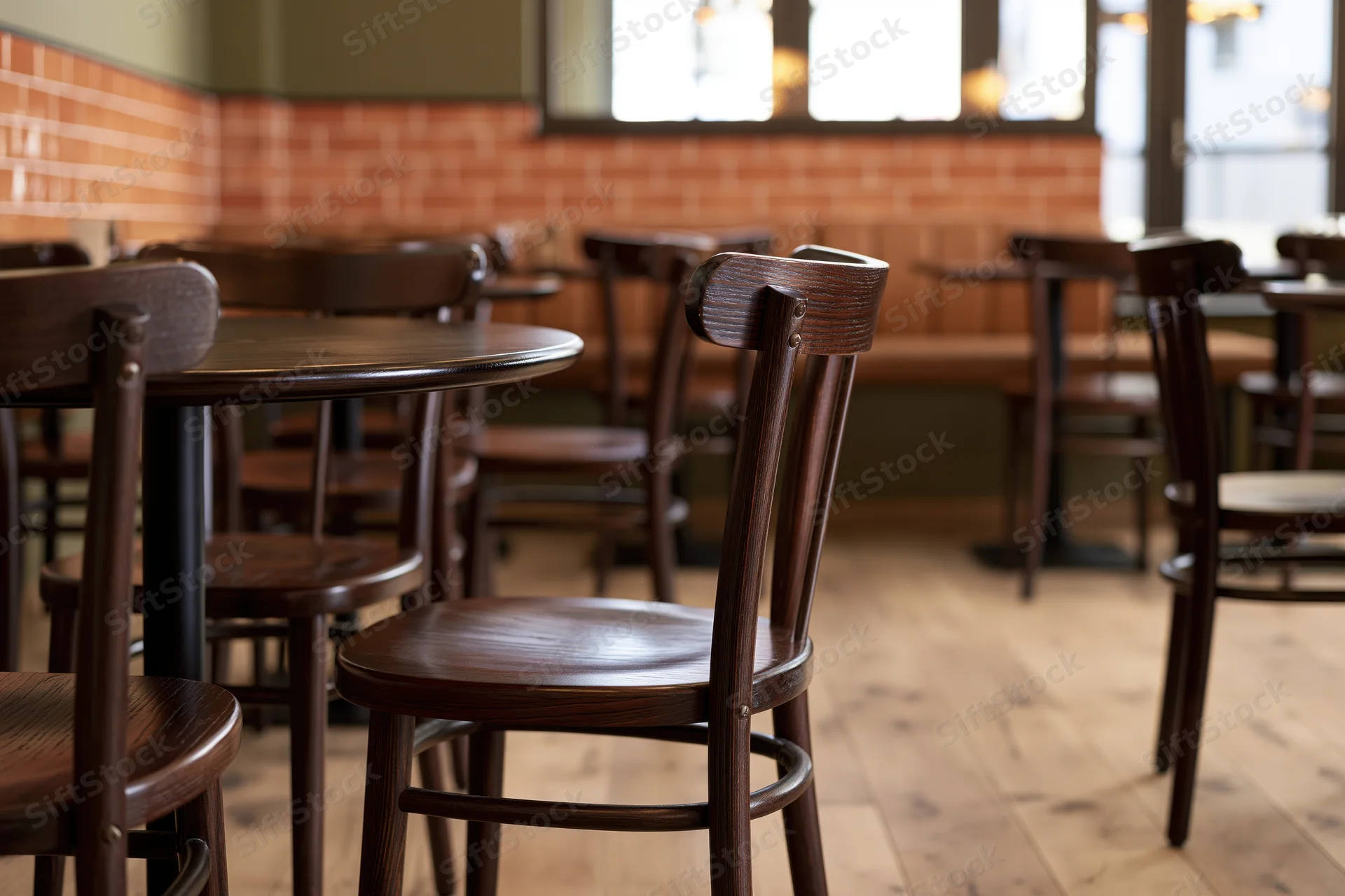 Empty cafe interior with dark wooden chairs and round tables arranged on wood floor near tiled brick walls and windows