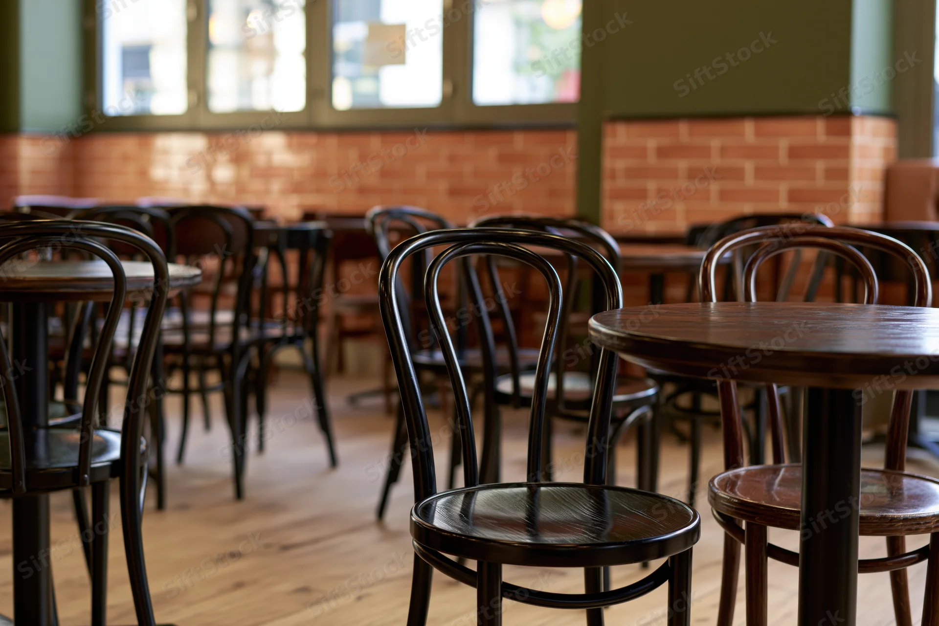 Empty cafe interior with dark wooden chairs and round tables arranged on a wooden floor near brick walls and windows
