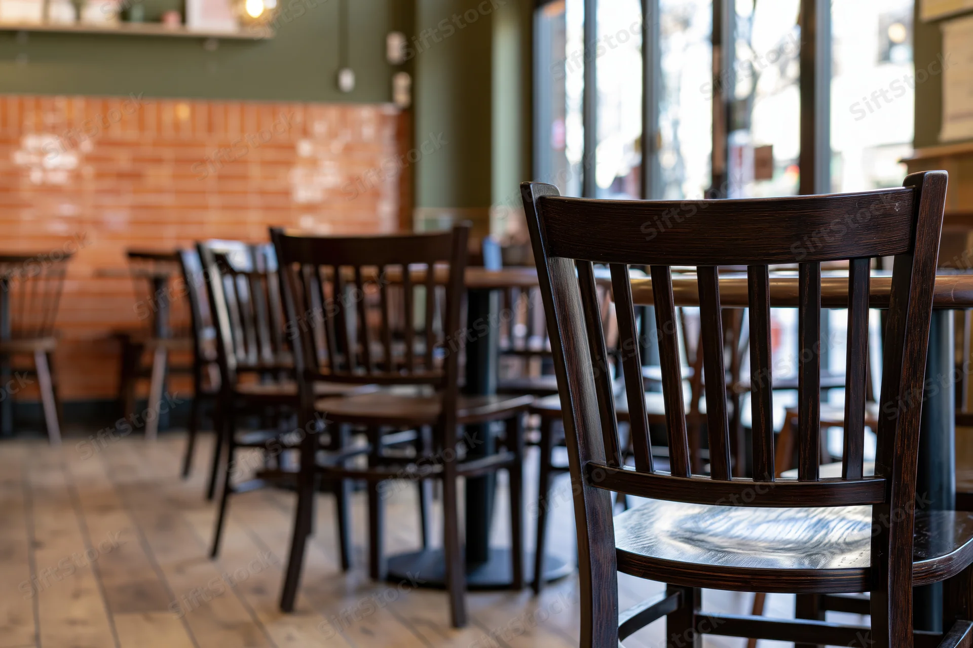 Empty cafe interior with dark wooden chairs and round tables arranged along brick wall and windows