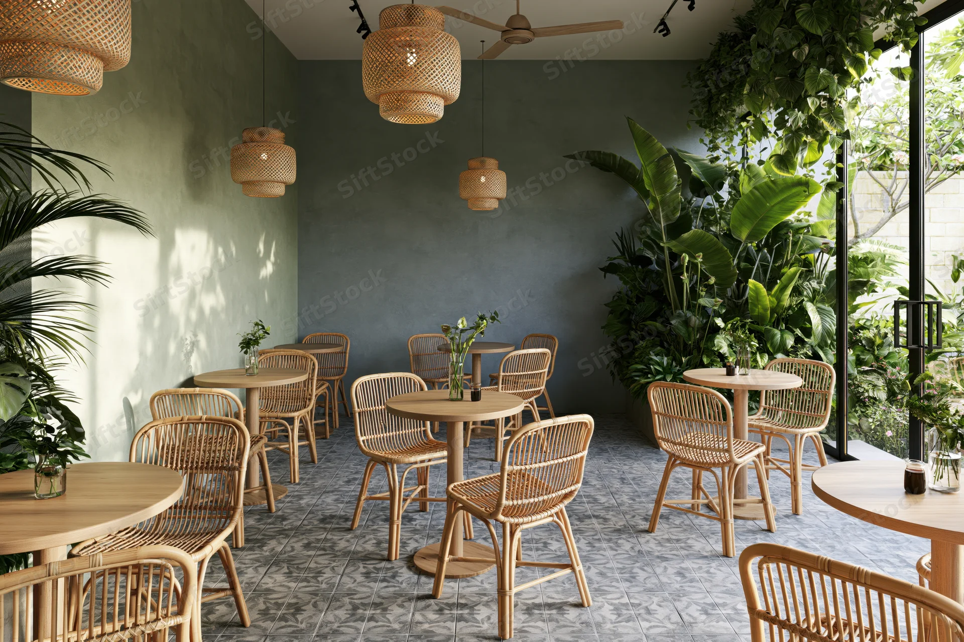 Empty cafe interior with rattan chairs and round wooden tables arranged near green plants and large glass doors
