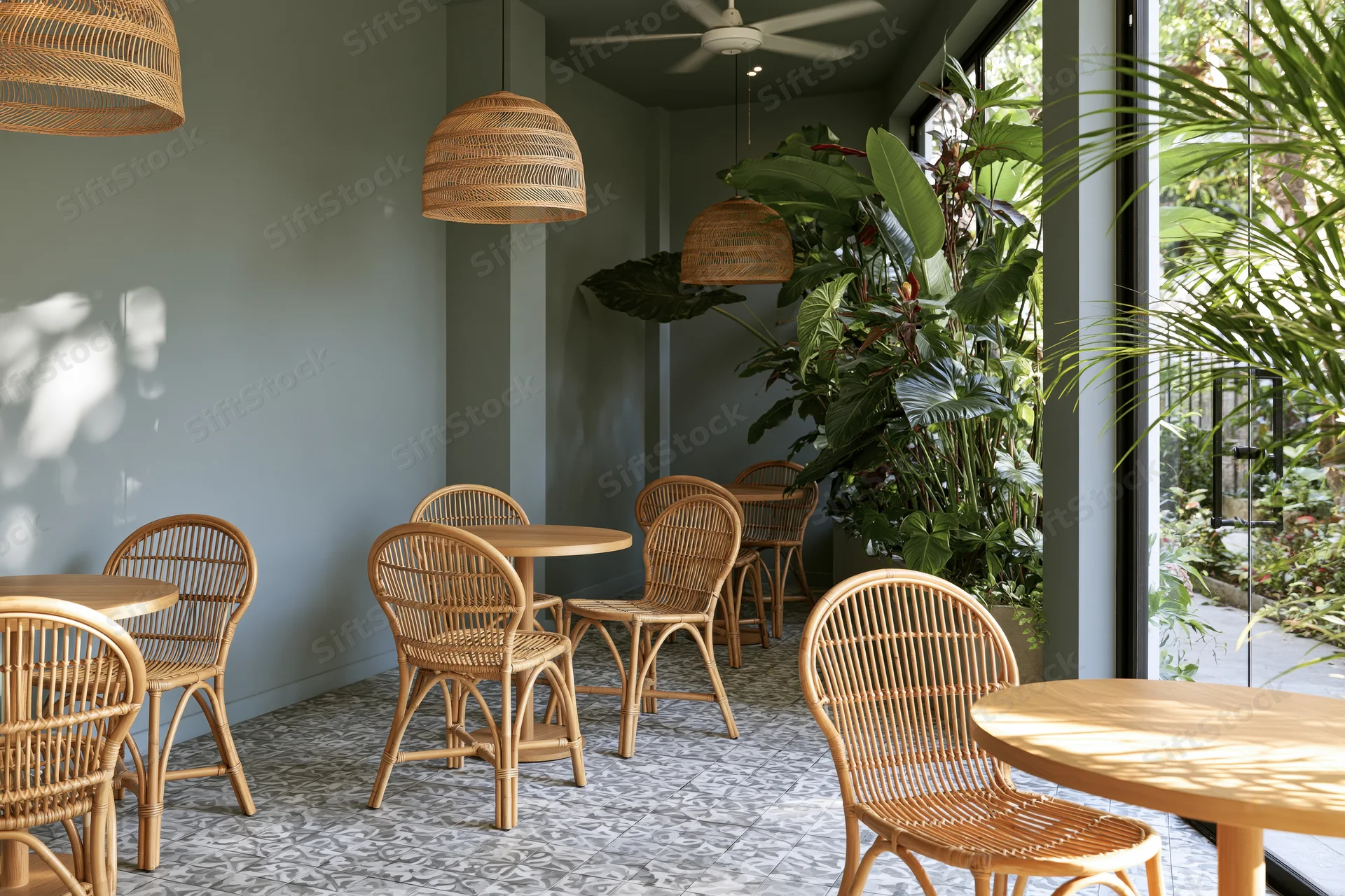 Empty cafe interior with rattan chairs and round wooden tables near large glass doors and indoor plants
