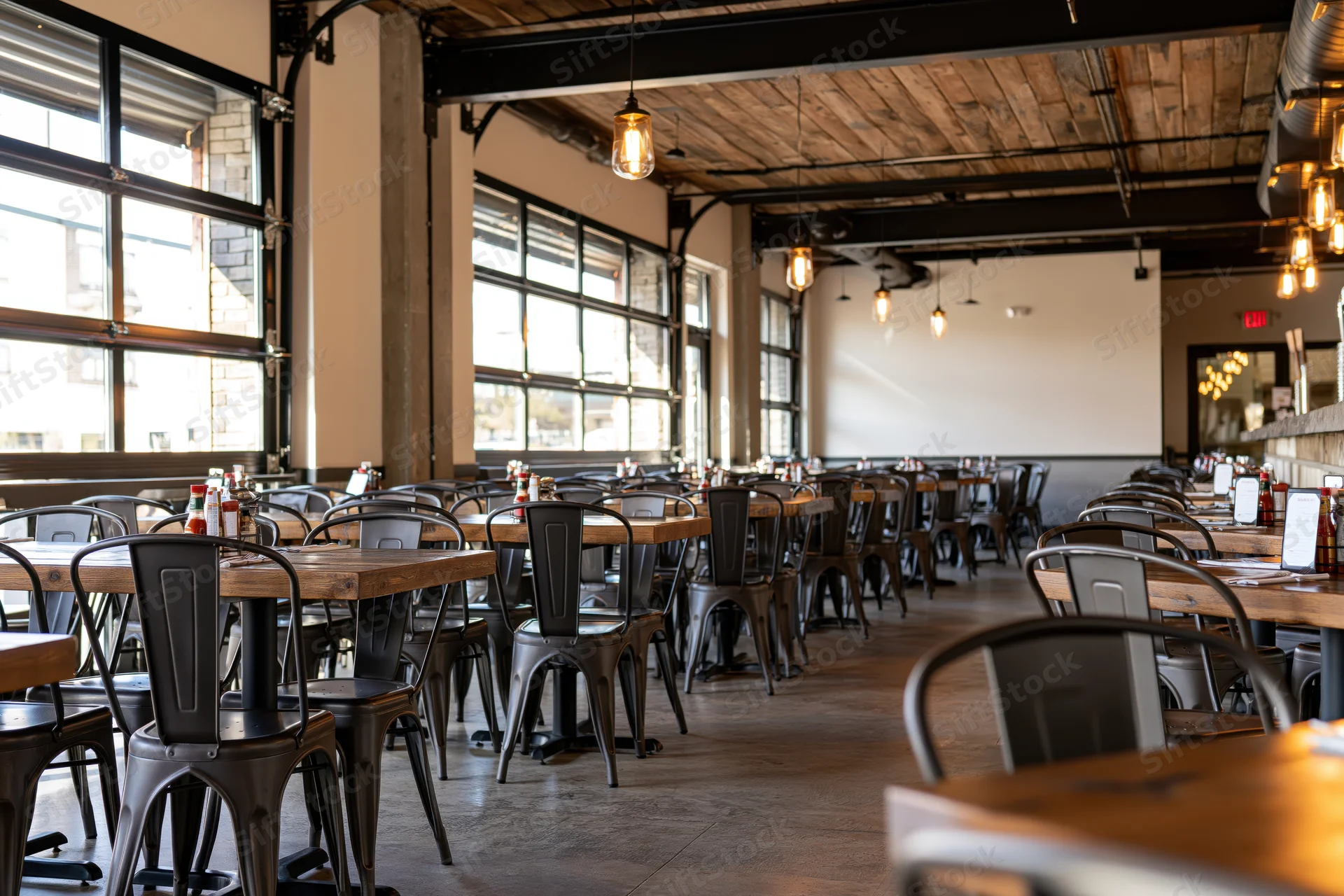 Empty casual dining restaurant interior with wooden tables and metal chairs under exposed beams and pendant lights