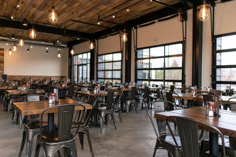 Empty casual dining restaurant interior with wooden tables and metal chairs under pendant lights and large windows