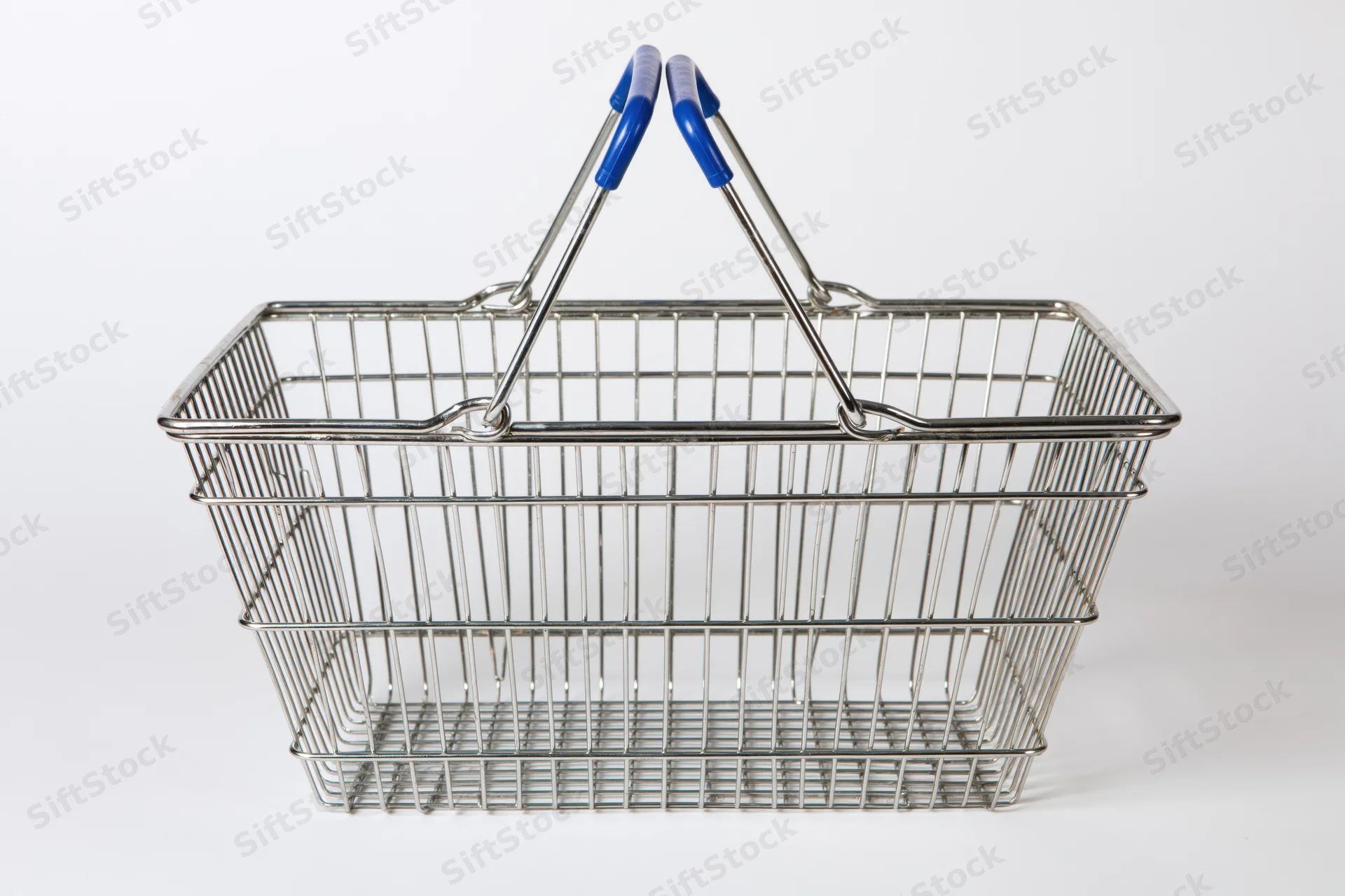 Empty chrome wire shopping basket with raised blue-handled grips isolated on white background