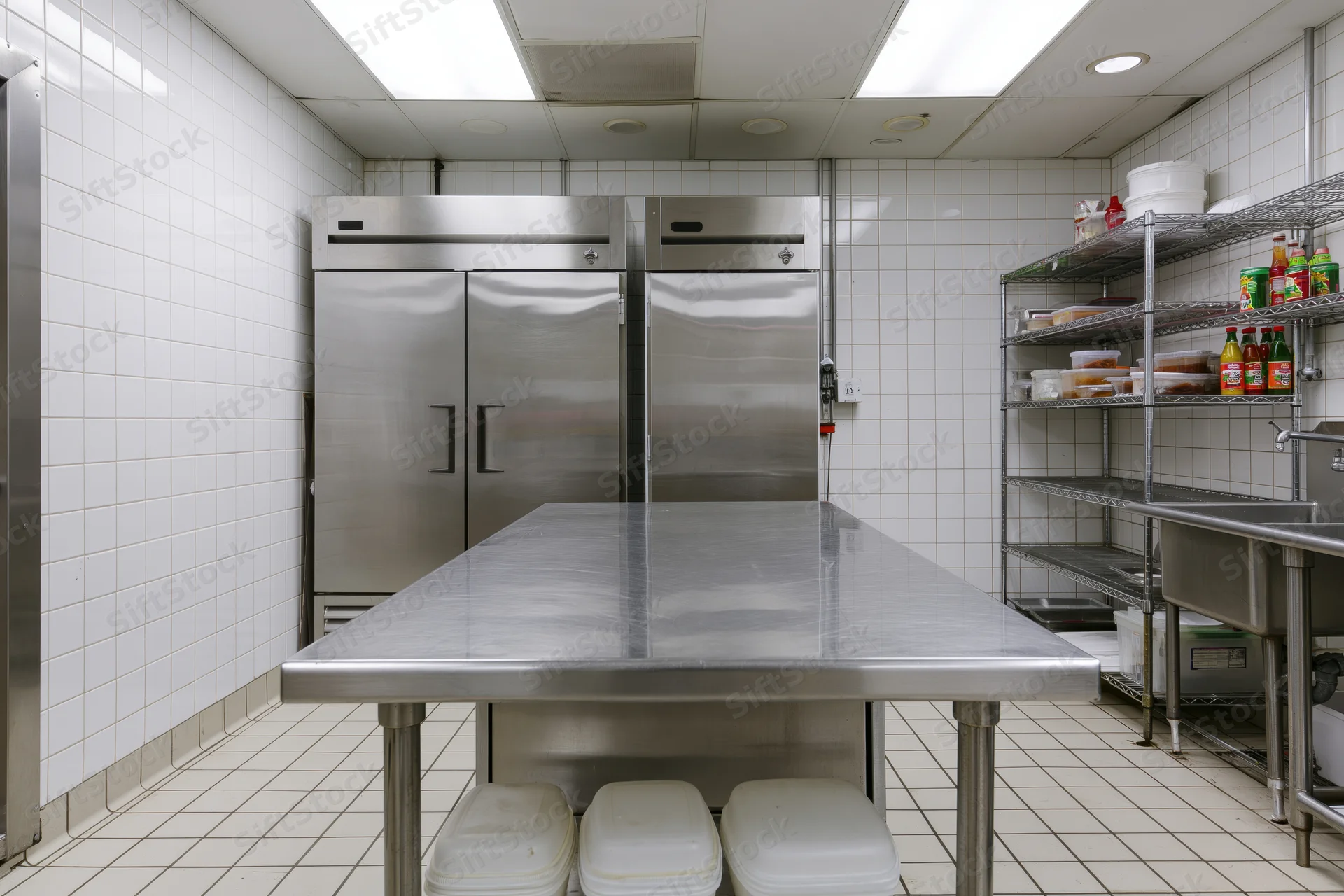 Stainless steel prep table in empty commercial kitchen interior