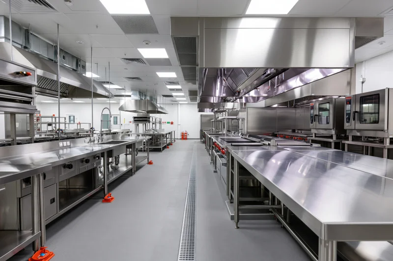 Empty commercial kitchen interior with stainless steel prep stations and cooking equipment