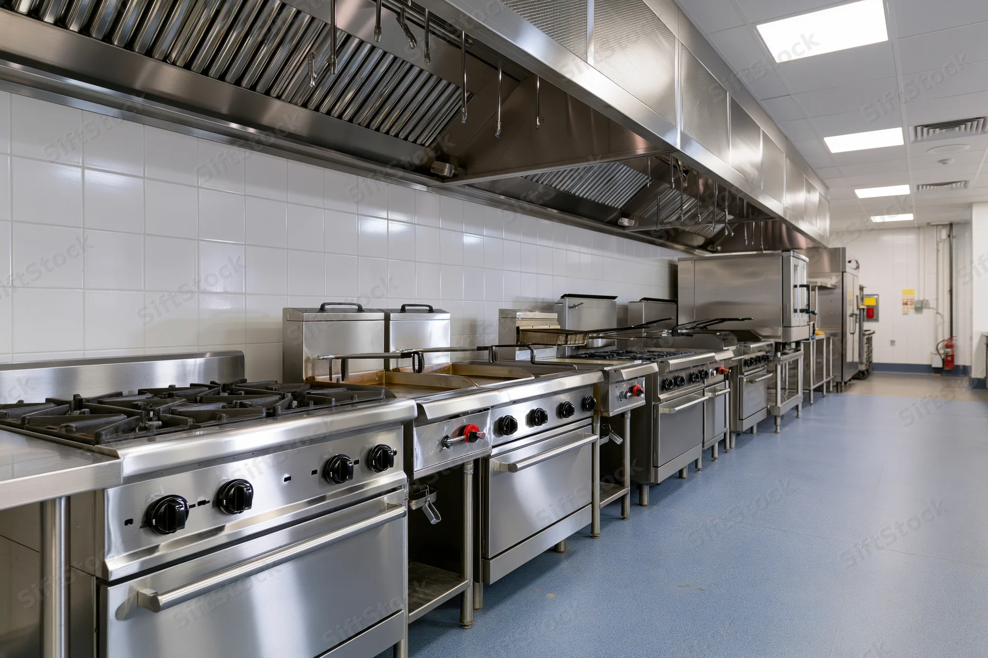 Stainless steel cooking line in empty commercial kitchen with ventilation hood and tiled walls