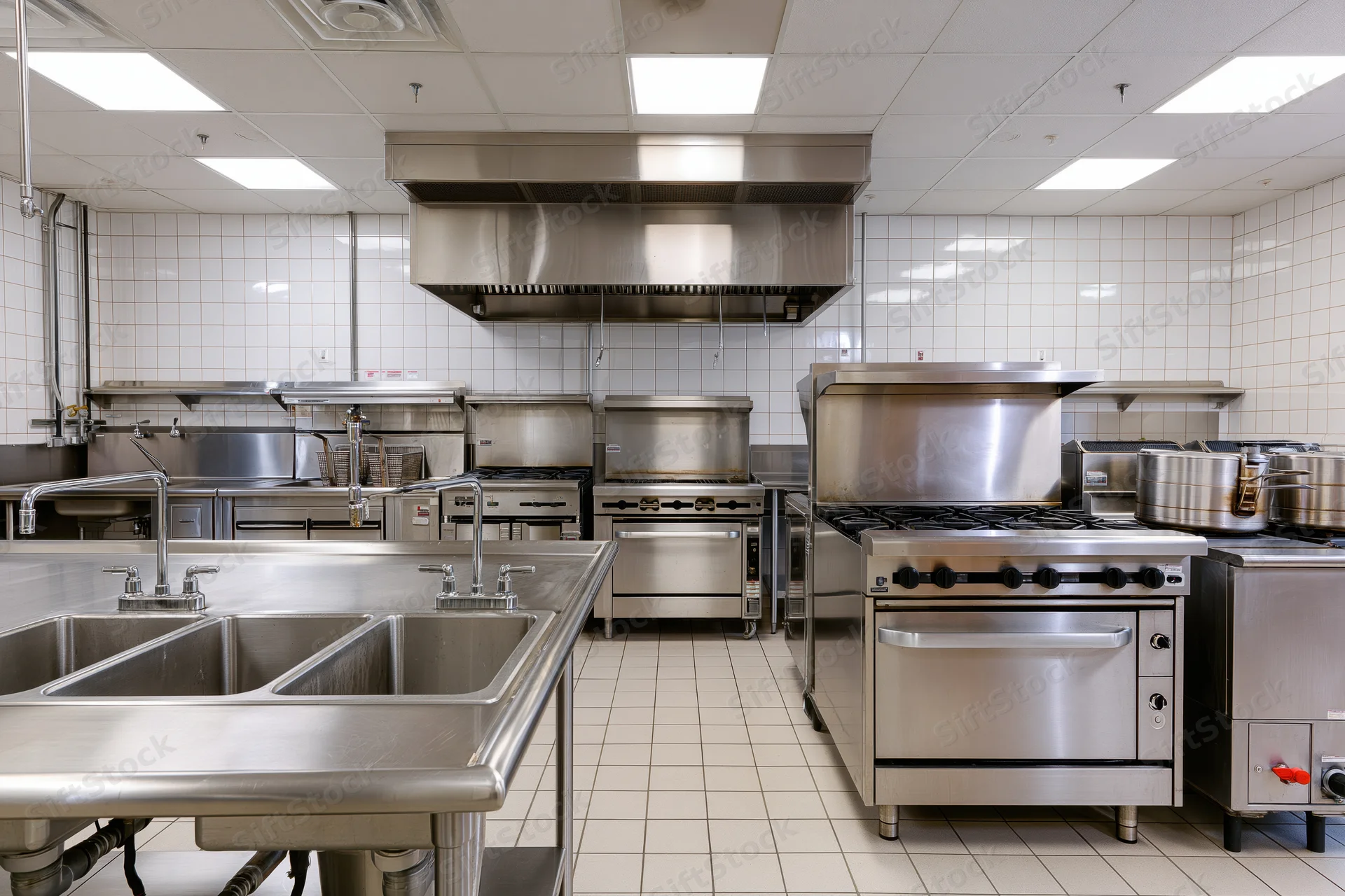 Empty commercial kitchen with stainless steel cooking line and sinks under fluorescent lights