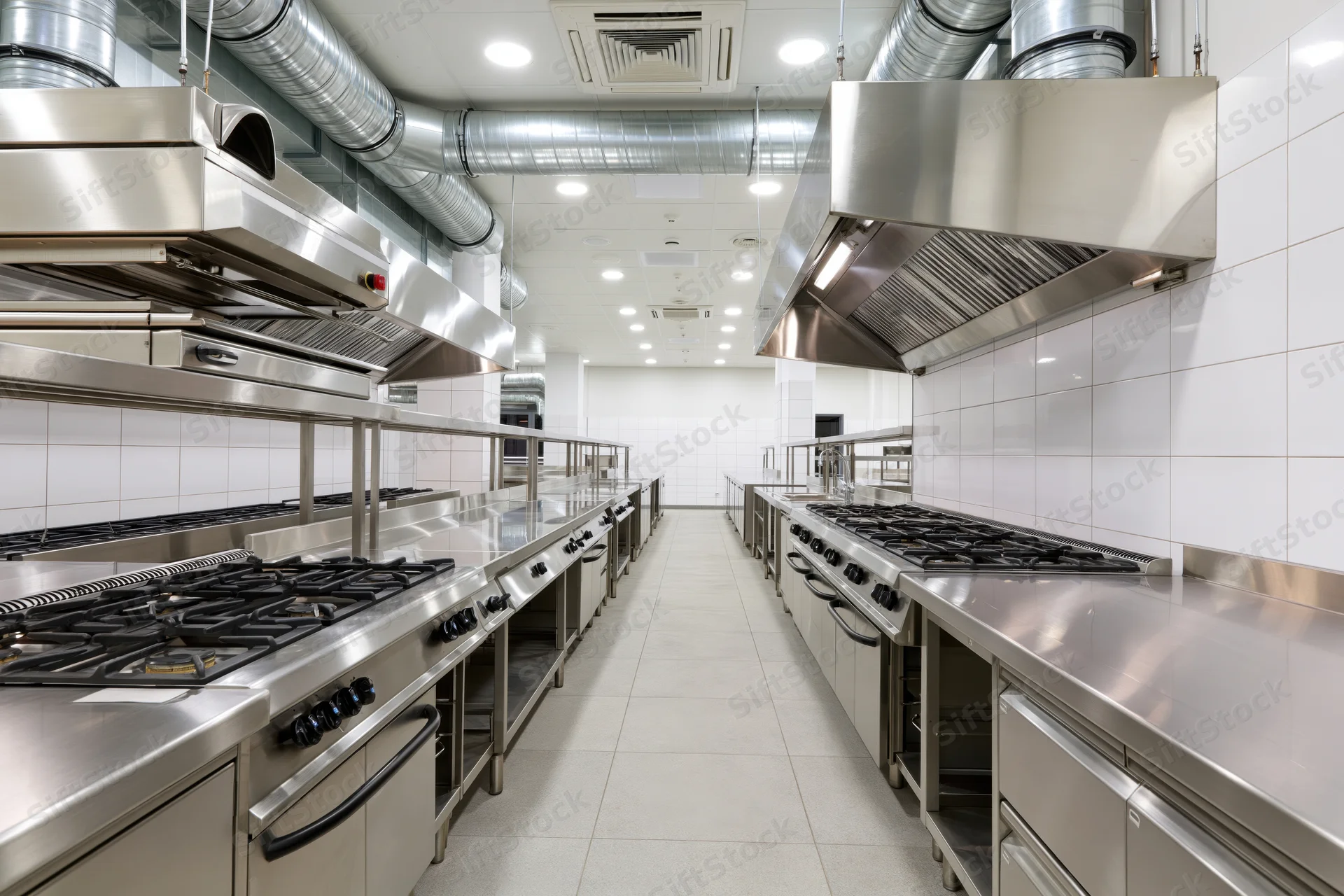Empty commercial kitchen with stainless steel appliances and white tiled walls