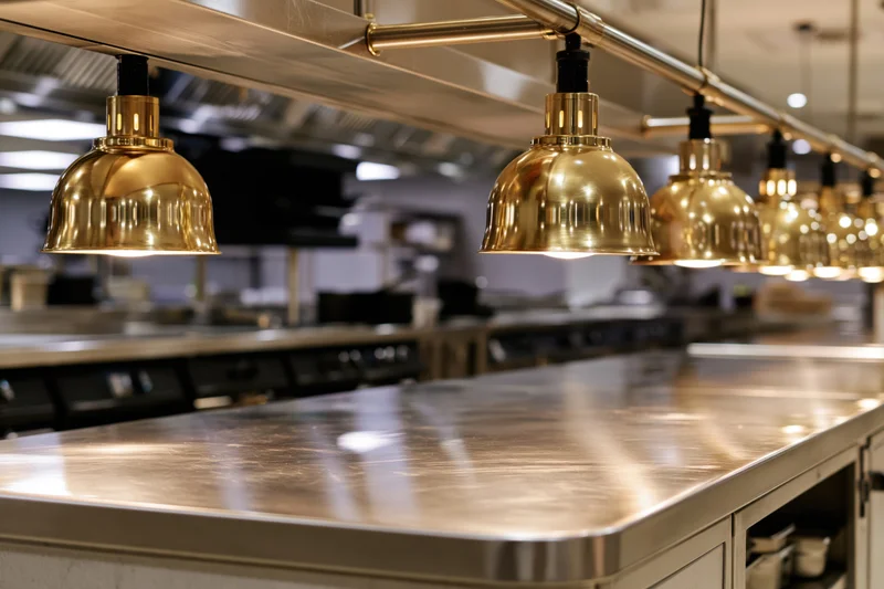 Stainless steel prep counter under brass pendant lights in commercial kitchen