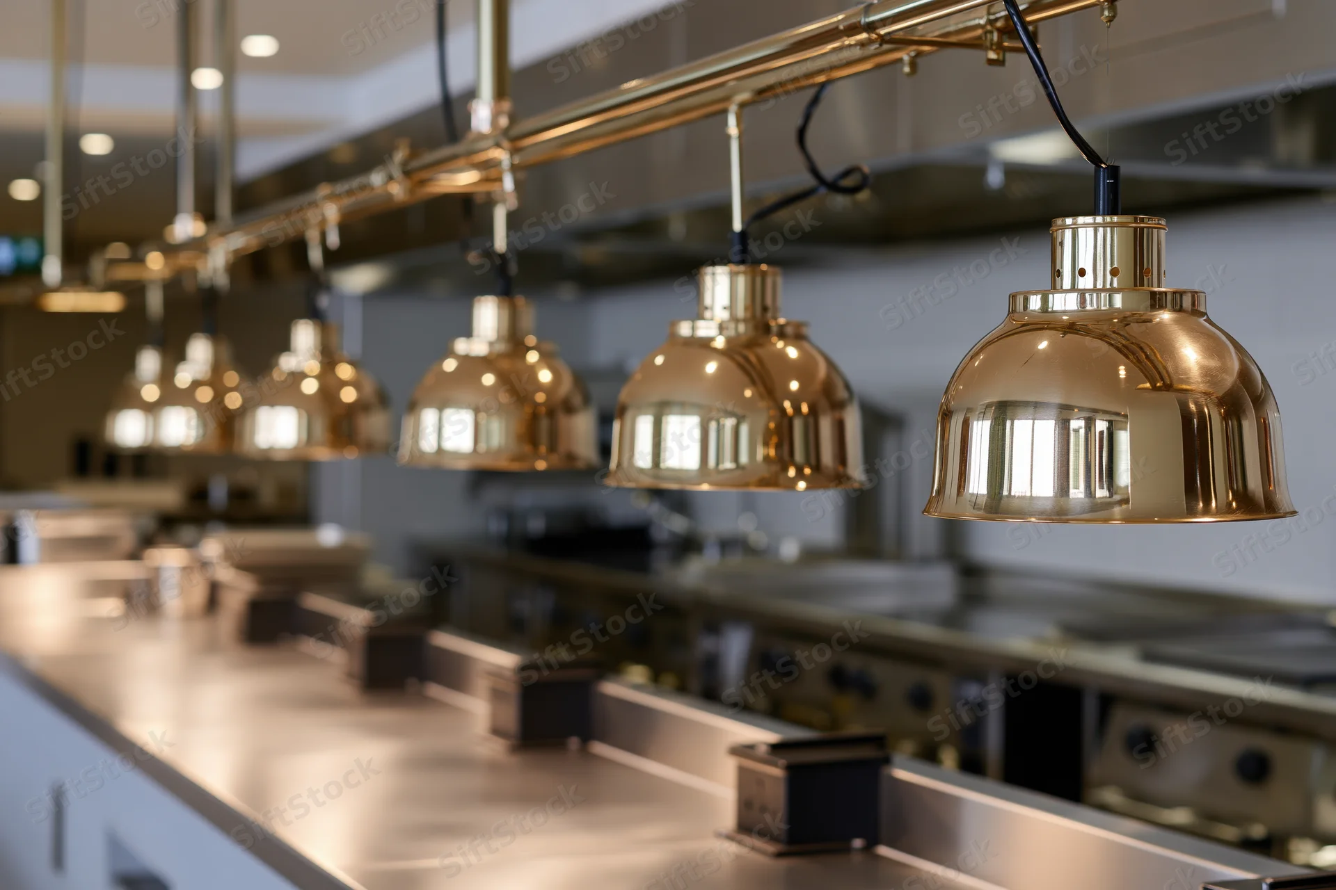 Brass pendant lights hanging over stainless steel counters in a commercial kitchen