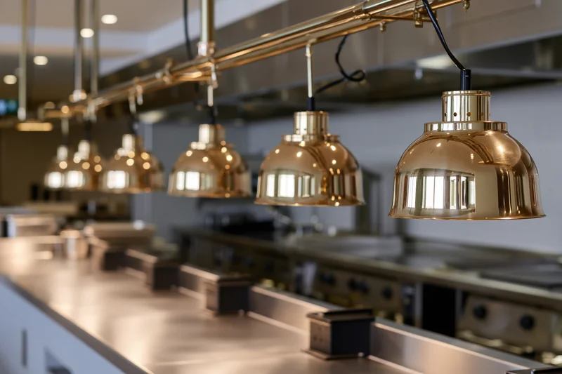 Brass pendant lights hanging over stainless steel counters in a commercial kitchen