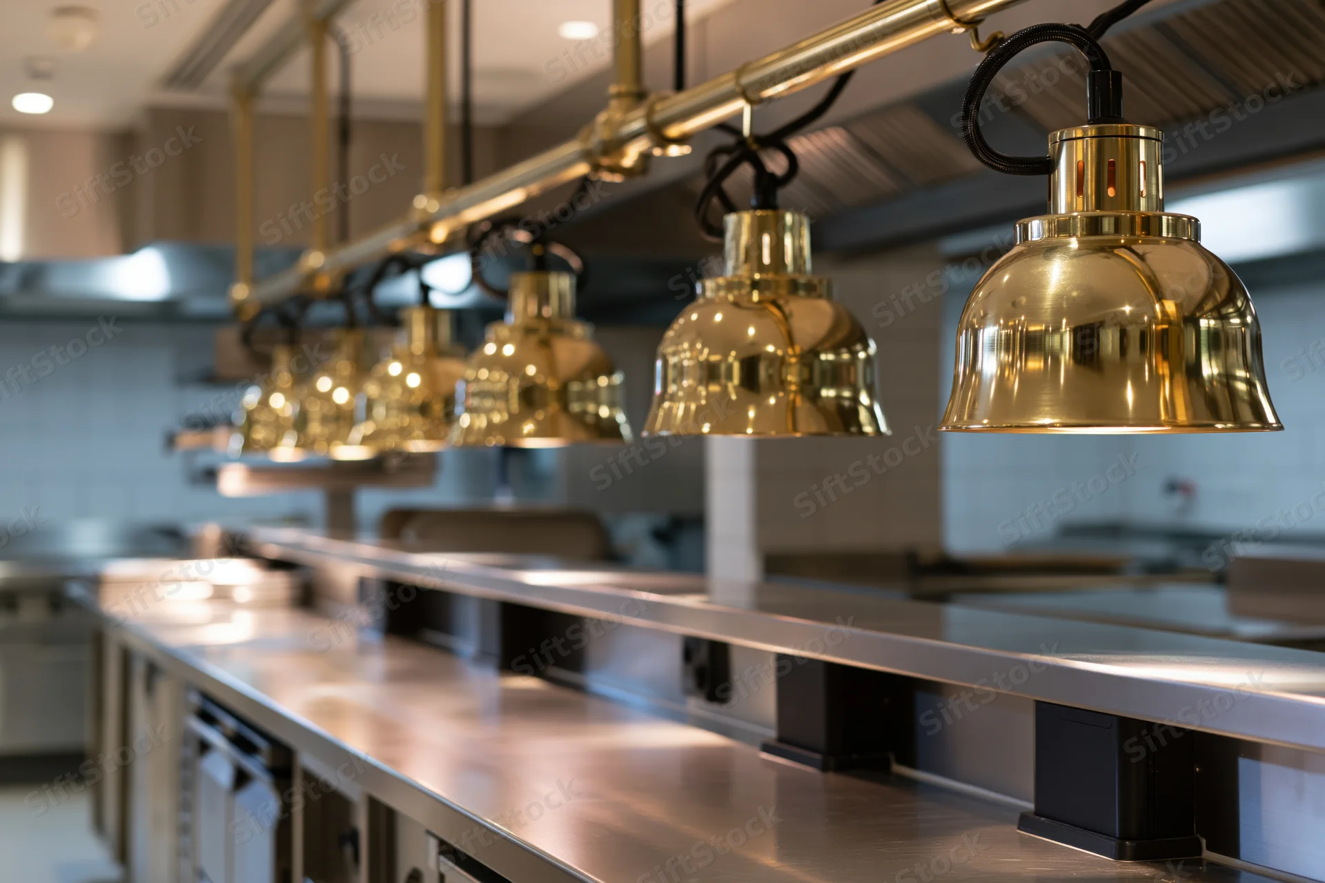 Stainless steel prep counter with brass pendant lights in commercial kitchen