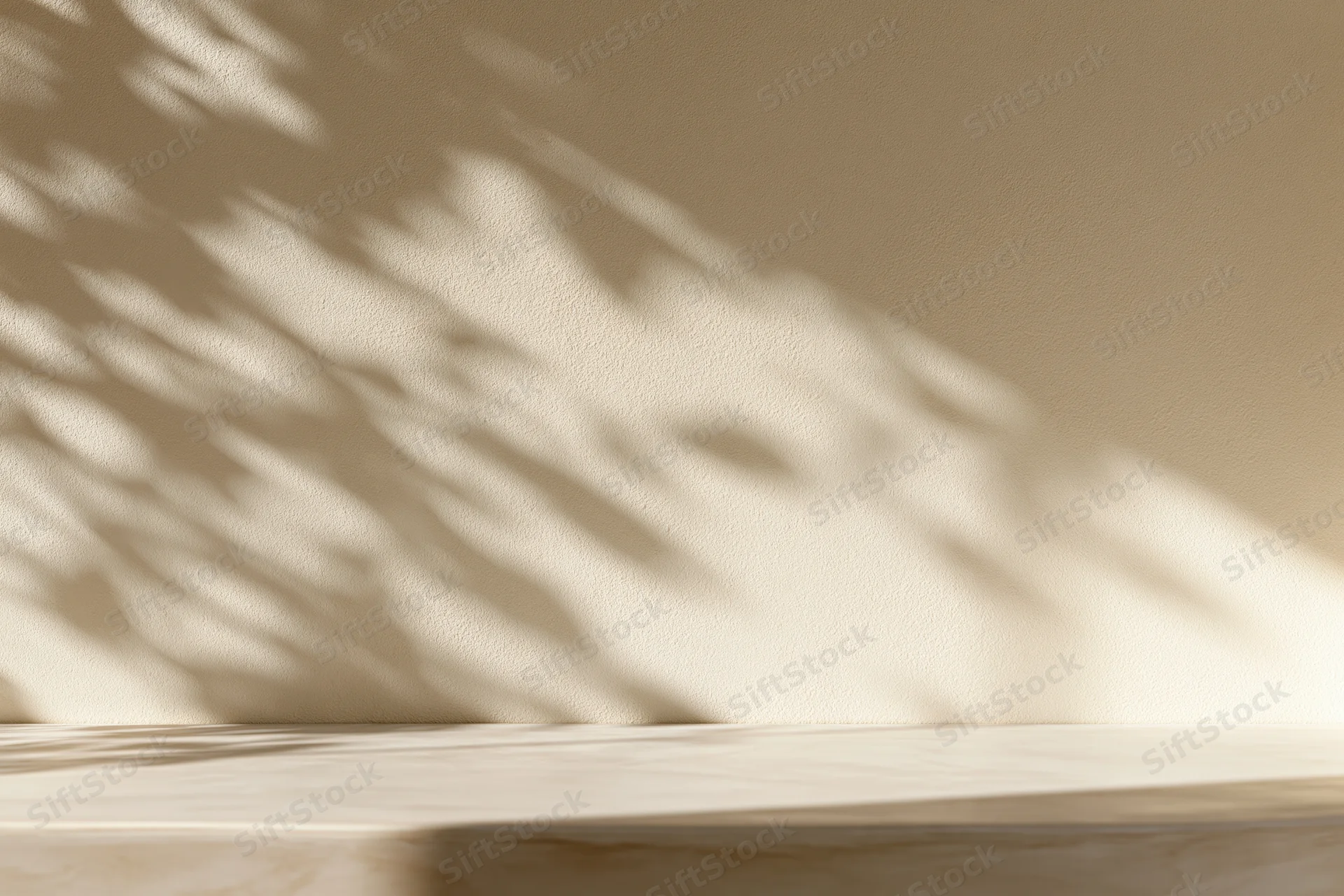 Smooth cream plaster wall with leaf shadows above a marble tabletop in a minimalist interior