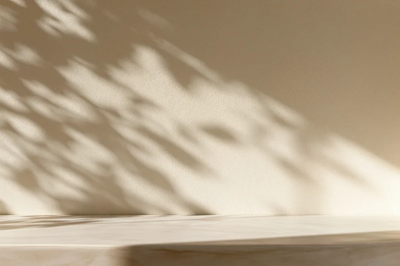 Smooth cream plaster wall with leaf shadows above a marble tabletop in a minimalist interior