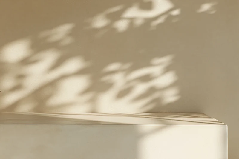 Dappled shadows from foliage cast on a cream-beige plaster wall above a smooth tabletop surface