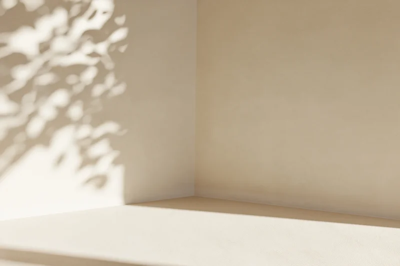 Empty corner of a cream-beige room with leaf shadows on wall and floor