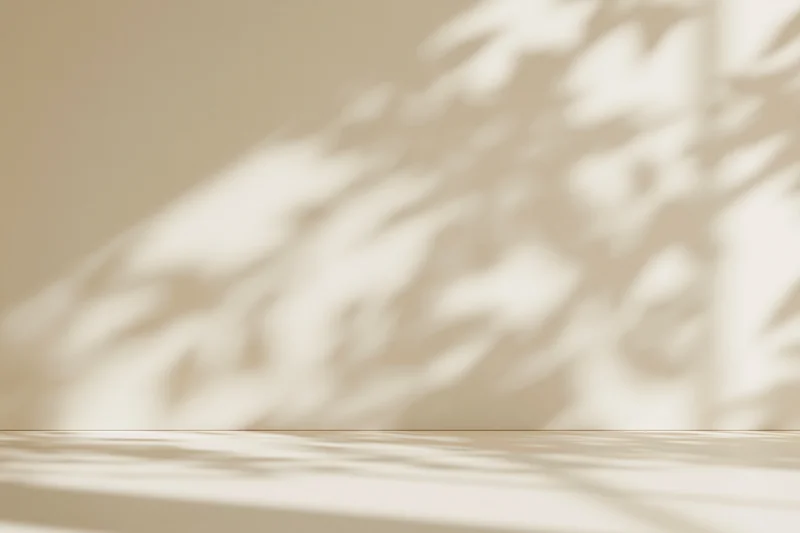 Cream-colored studio surface and wall with soft foliage shadows, empty space for product display